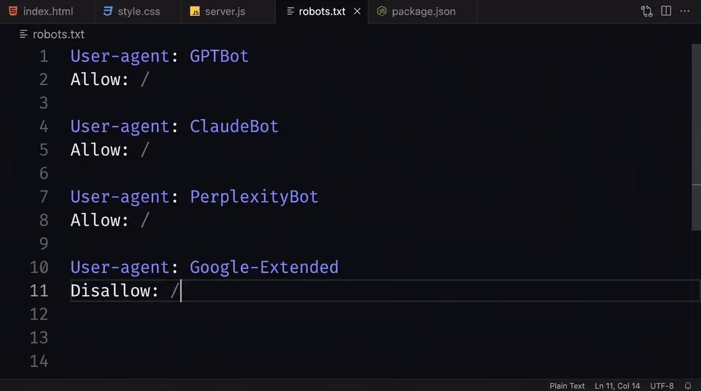 AI crawlers GPTBot, ClaudeBot and PerplexityBot listed by user agent in a robots.txt file