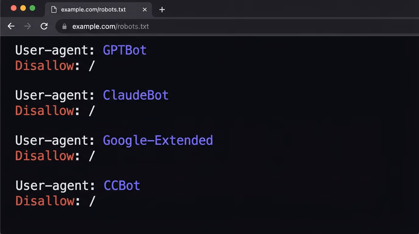 robots.txt file with Disallow rules for GPTBot, ClaudeBot and Google-Extended