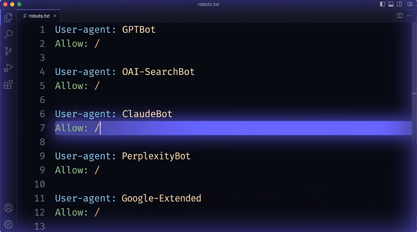 A robots.txt file open in a code editor showing User-agent directives for GPTBot, ClaudeBot, and PerplexityBot