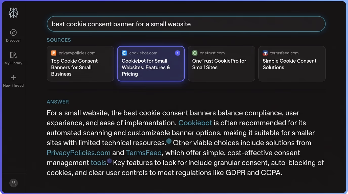 A Perplexity AI answer on screen with a highlighted sources panel listing cited websites