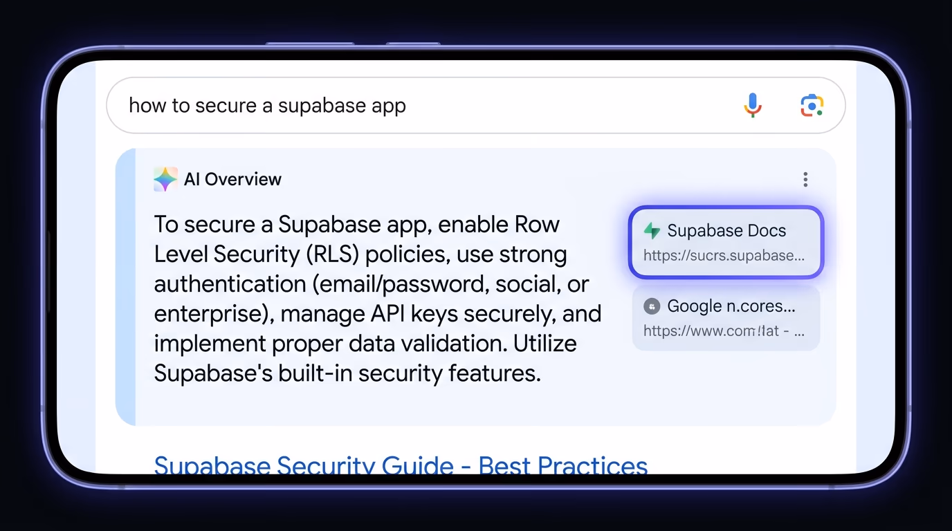 A smartphone showing a Google AI Overview answer box at the top of a search results page with cited source links