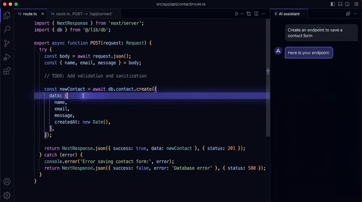A code editor showing an AI-generated API route handler that reads input and returns data, with no rate limiting present in the file