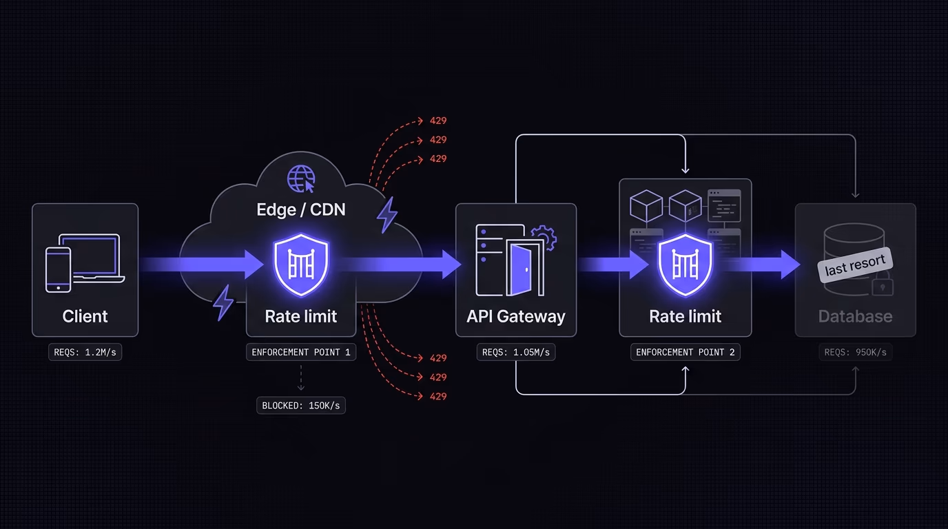 A system architecture diagram showing request flow from client through edge, gateway, application and database, with the rate limit checkpoint highlighted