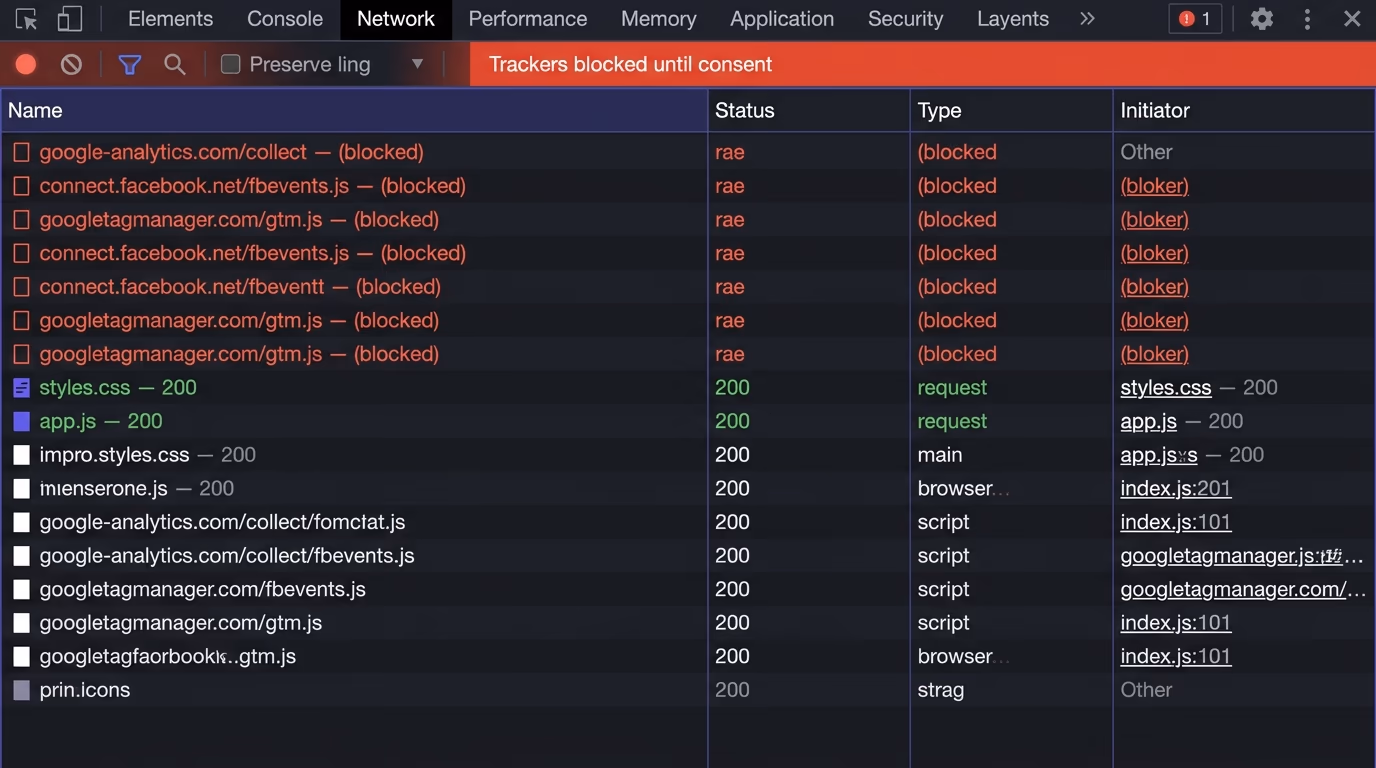 A browser developer tools Network tab showing Google Analytics, Facebook and Tag Manager requests blocked in red before consent, while the cookie banner holds the trackers back