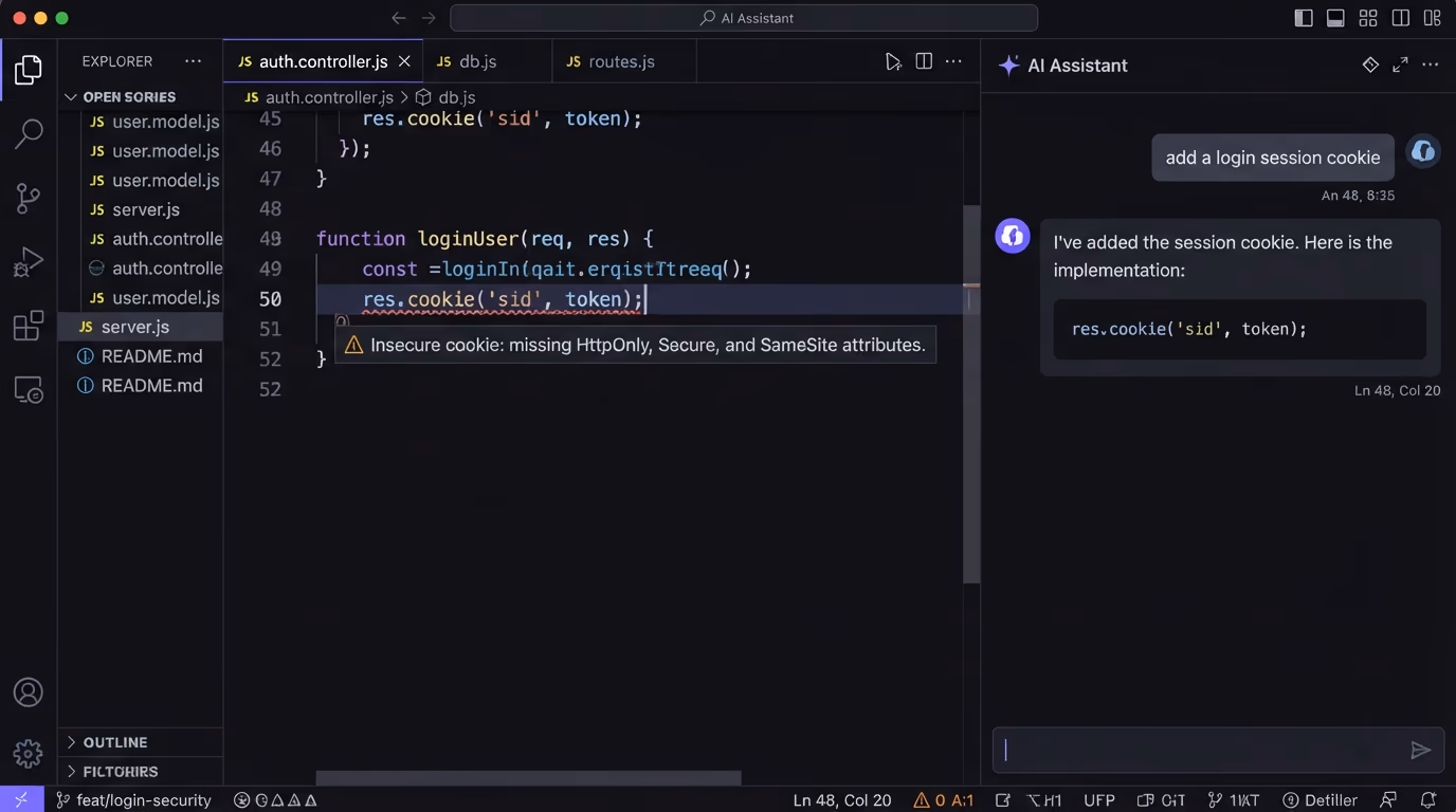 An AI coding assistant generating a Set-Cookie line for a session with no security flags set