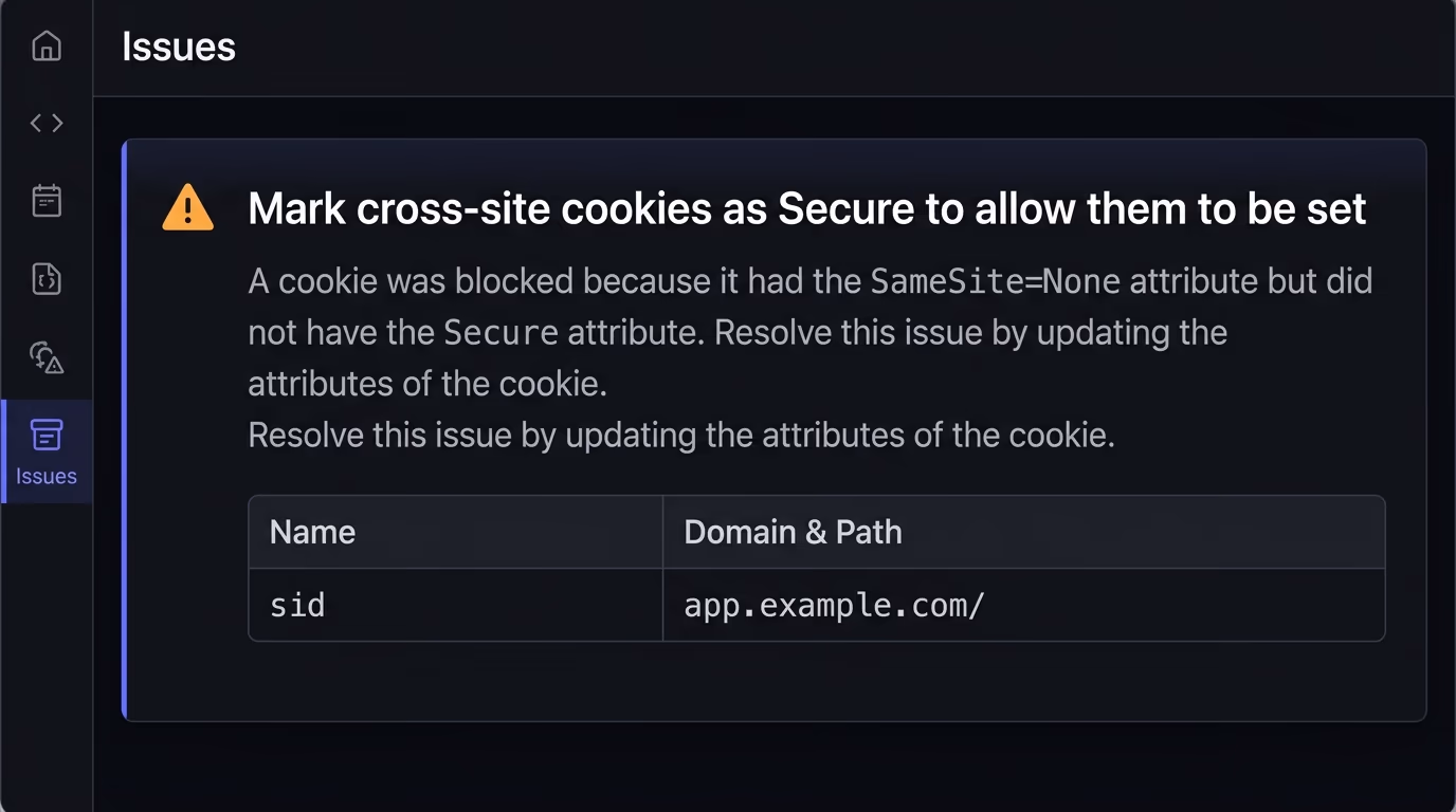 Chrome DevTools issues panel warning that a SameSite=None cookie was blocked for missing the Secure attribute