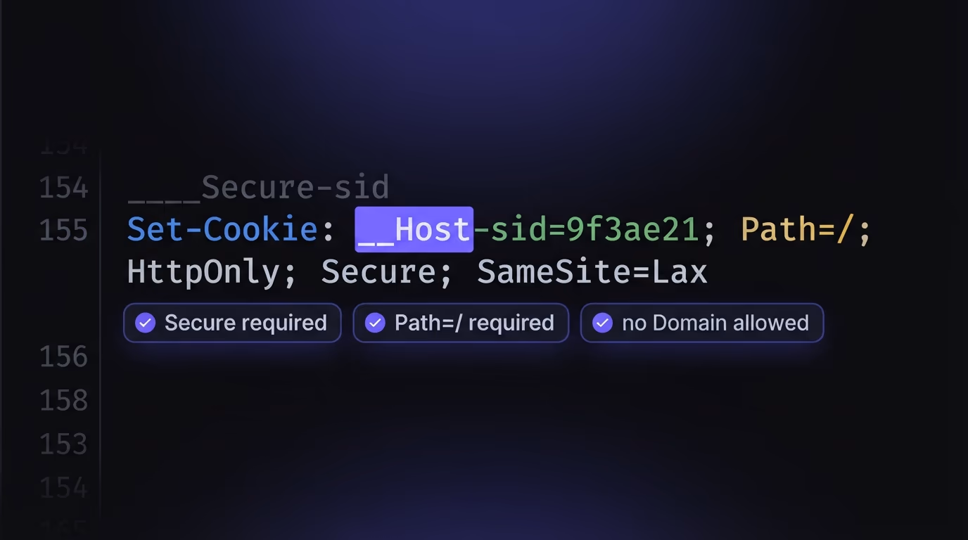 A Set-Cookie header using the __Host- prefix on a session cookie with its required attributes