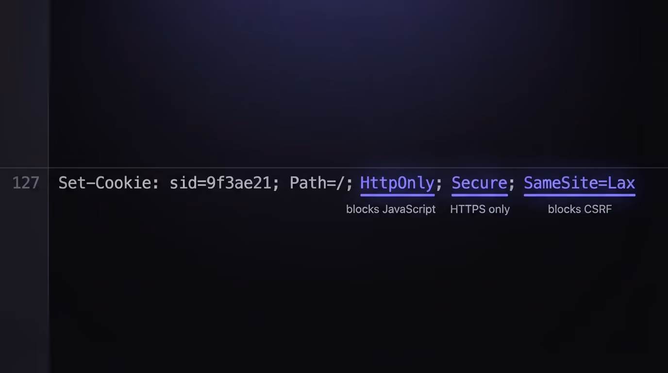 A Set-Cookie response header with HttpOnly, Secure, and SameSite attributes set on a session cookie
