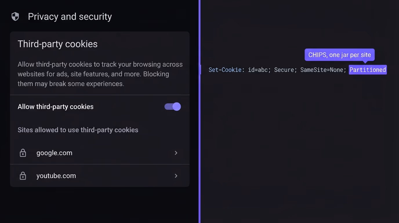 Chrome privacy settings alongside a Set-Cookie header using the Partitioned attribute for CHIPS