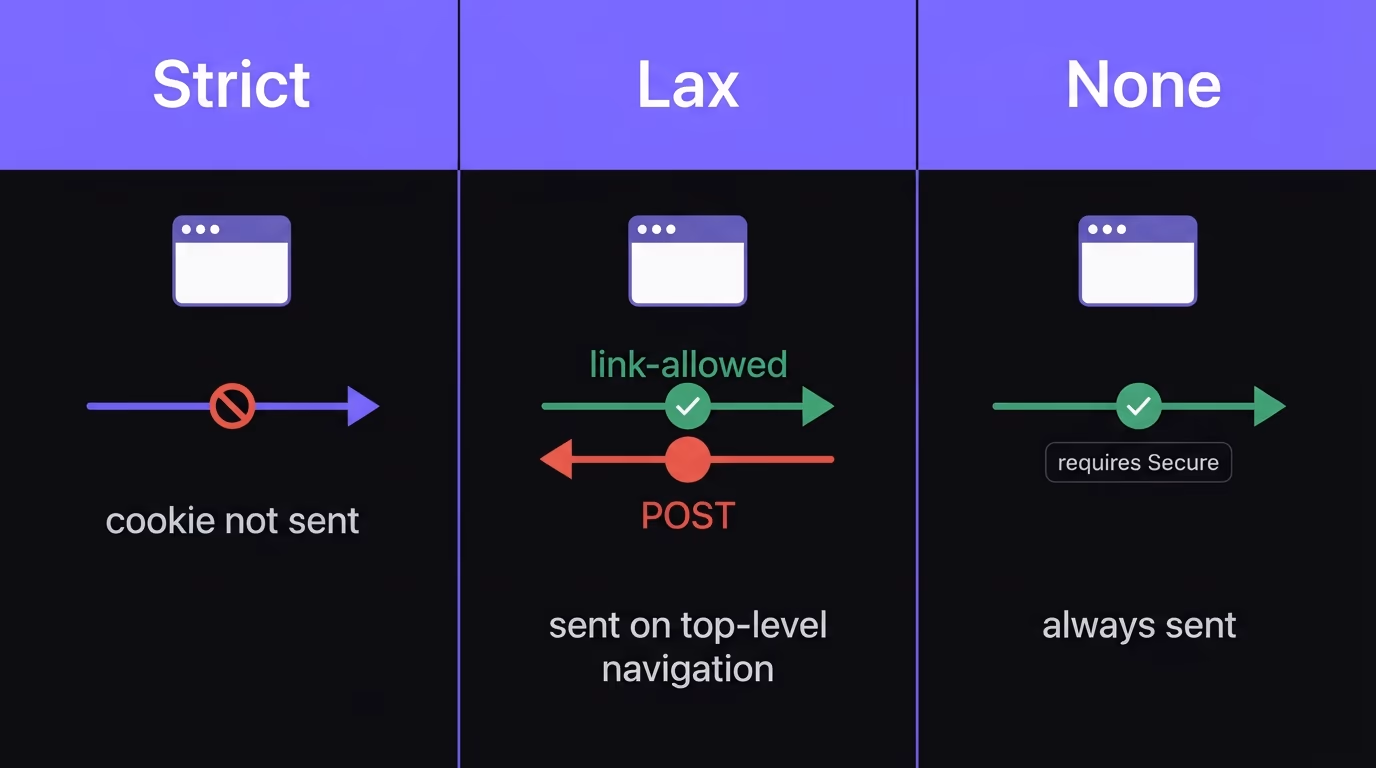 A comparison of SameSite Strict, Lax, and None cookie behavior across cross-site requests
