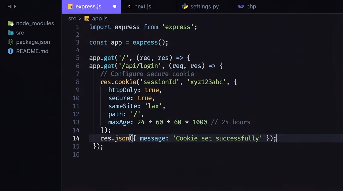 Code editor tabs showing secure cookie configuration for Express, Next.js, Django, and PHP