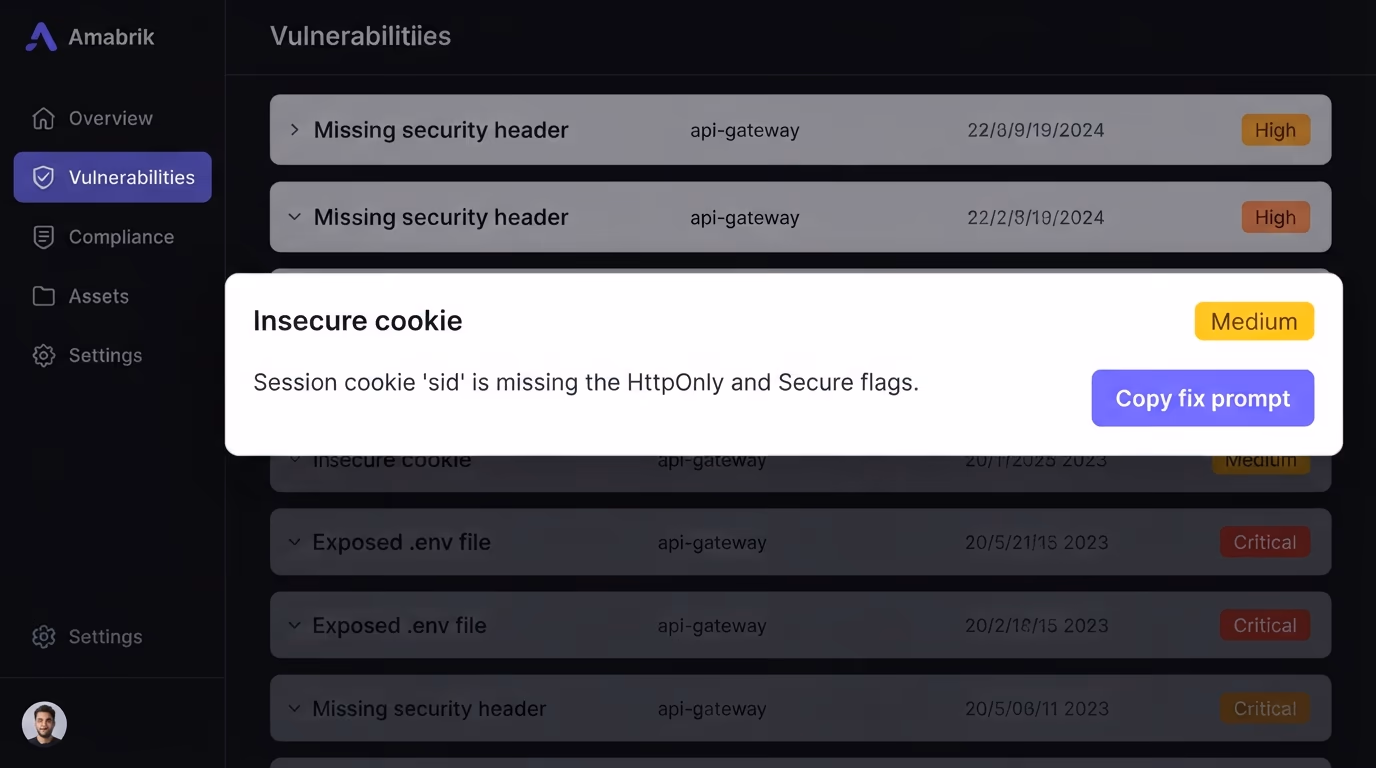 Amabrik security scan flagging an insecure cookie with a copy-paste fix prompt