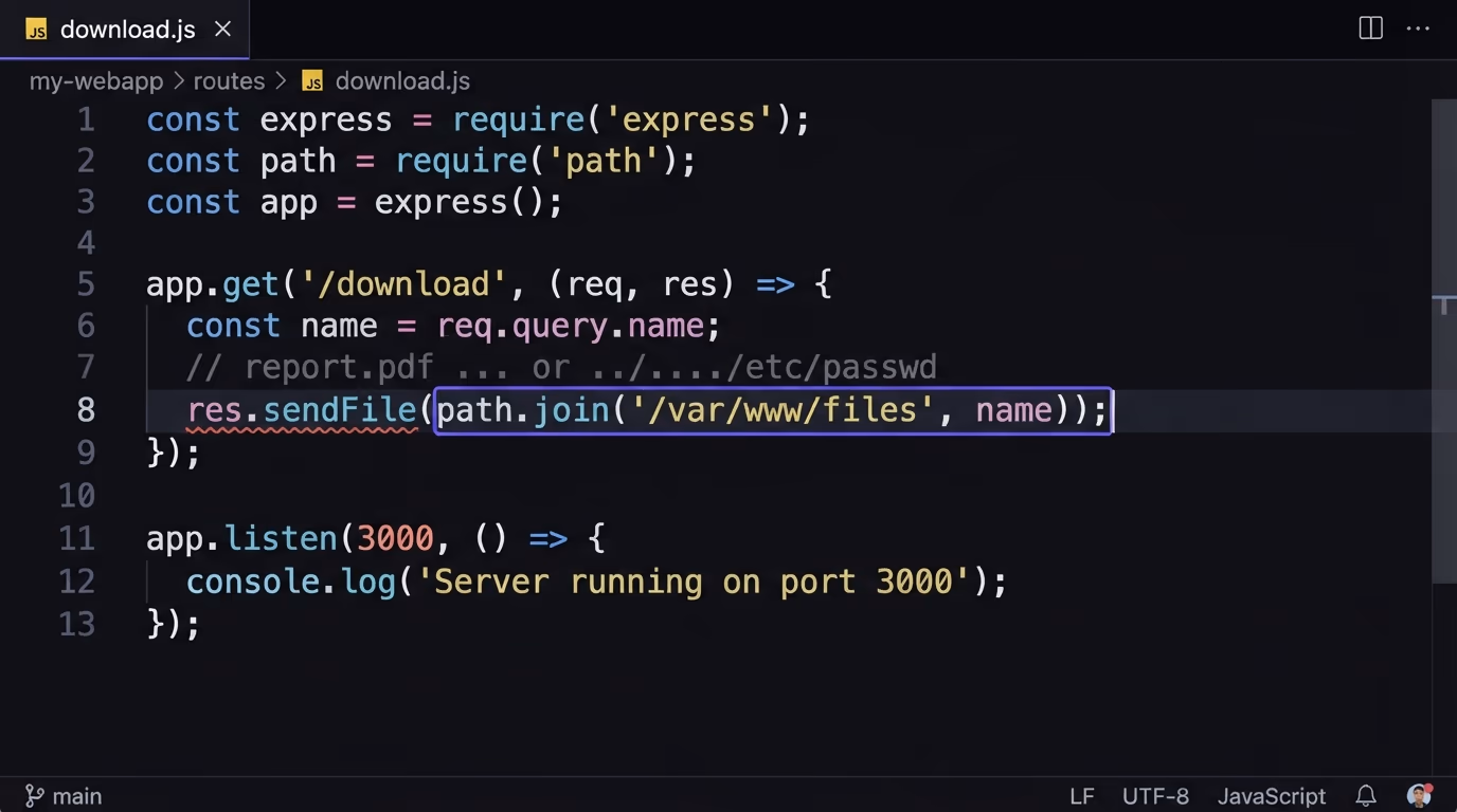 How a directory traversal attack works, a vulnerable file download route in a code editor