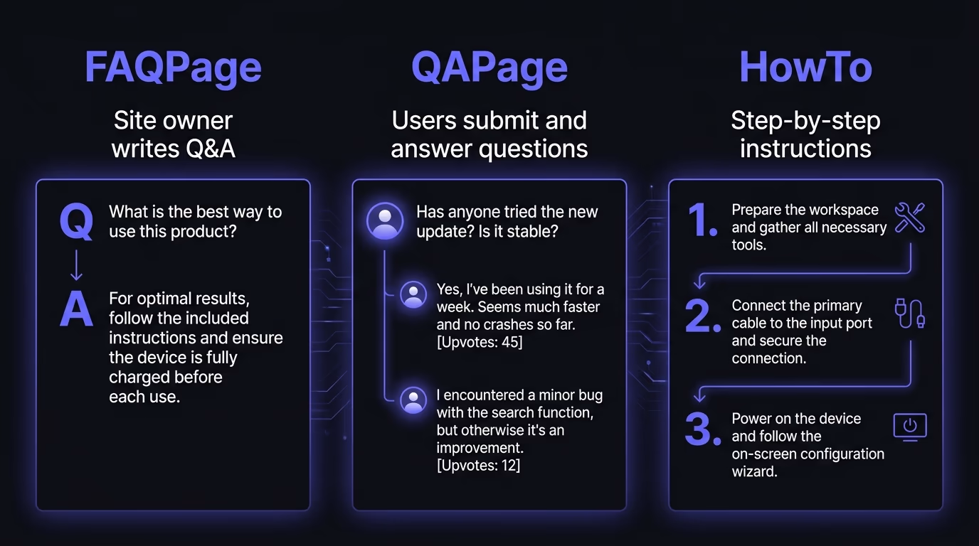 A comparison table showing FAQPage vs QAPage vs HowTo schema types, each with its use case and an example site type