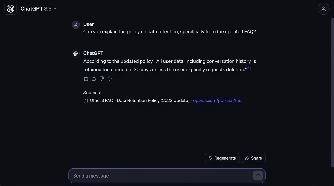 ChatGPT's web browsing interface showing a cited answer with a source link, the answer matching a FAQ schema question-answer pair from a website