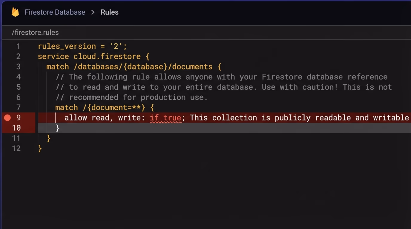 Common Firebase security rules mistakes, the Firebase console rules editor showing an allow read, write if true rule highlighted with a warning that the collection is publicly readable
