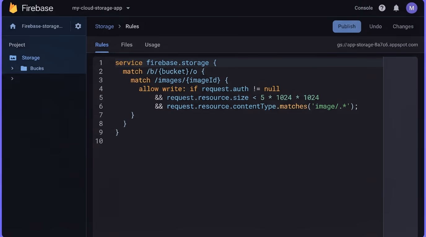 Firebase Storage security rules, the Firebase console storage rules editor showing an allow write condition validating request.resource.size and contentType for an image upload