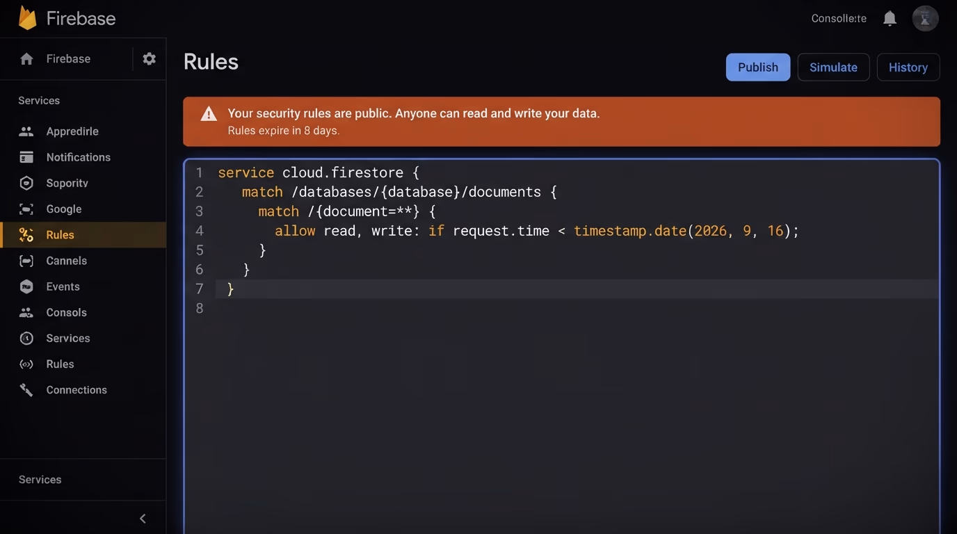 Firebase test mode open database, the Firebase console rules tab showing a test mode ruleset that allows read and write until a fixed expiry date with an expiry warning banner