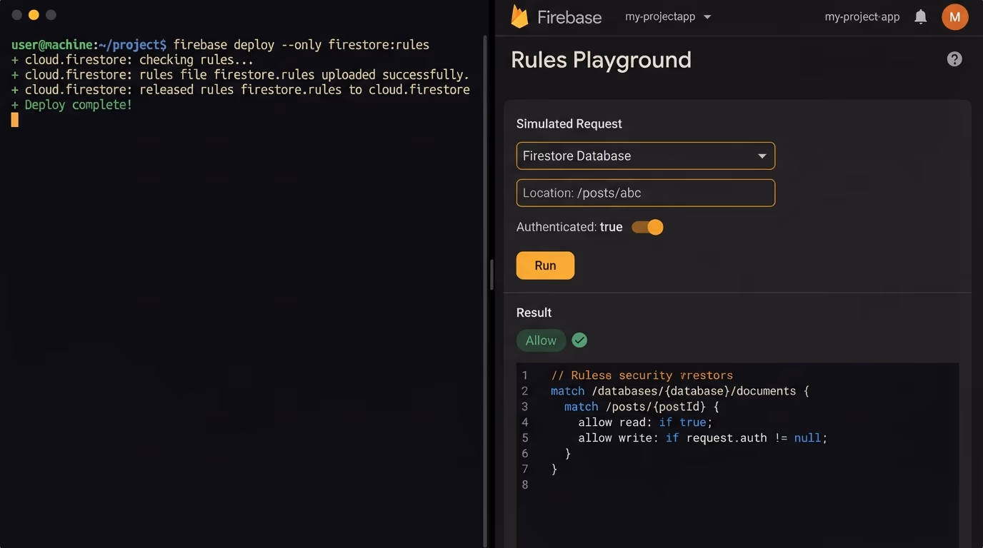 Test and deploy Firebase rules, a terminal running the firebase deploy command for Firestore rules next to the console Rules Playground simulating a request