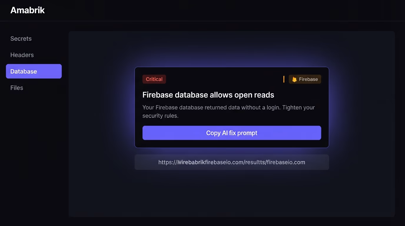 Confirm Firebase rules block open reads, an Amabrik security scan result flagging a Firebase database whose rules allow open reads with a plain-English explanation and a copy-paste fix prompt