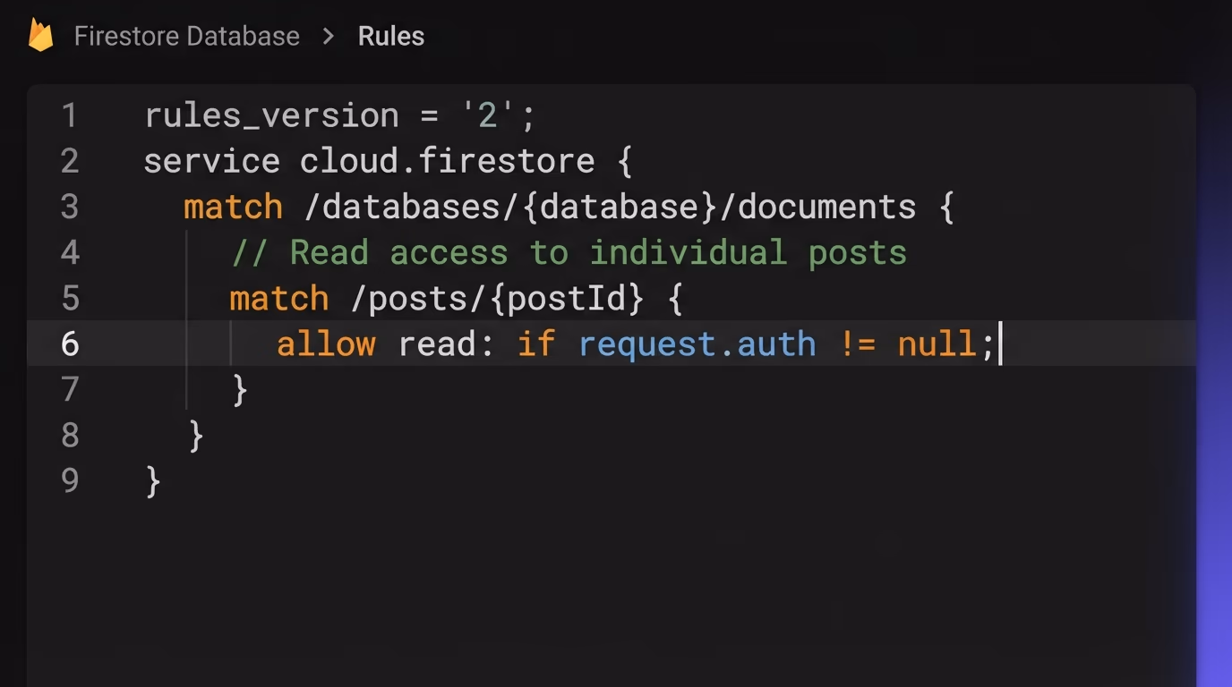 What are Firebase security rules, the Firebase console rules editor showing a Firestore match block with an allow statement and a request.auth condition