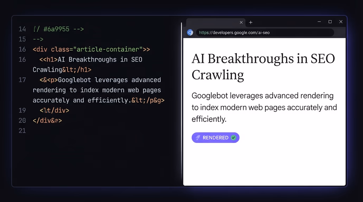 Googlebot rendering a JavaScript page next to raw HTML, showing what Gemini can read