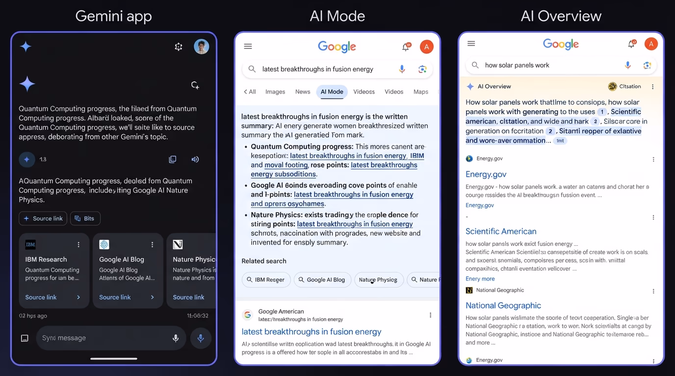 The three Google Gemini surfaces: the Gemini app, AI Mode, and an AI Overview, each showing source links