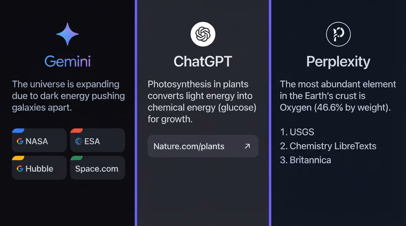 A comparison table of how Gemini, ChatGPT and Perplexity each read and cite a page