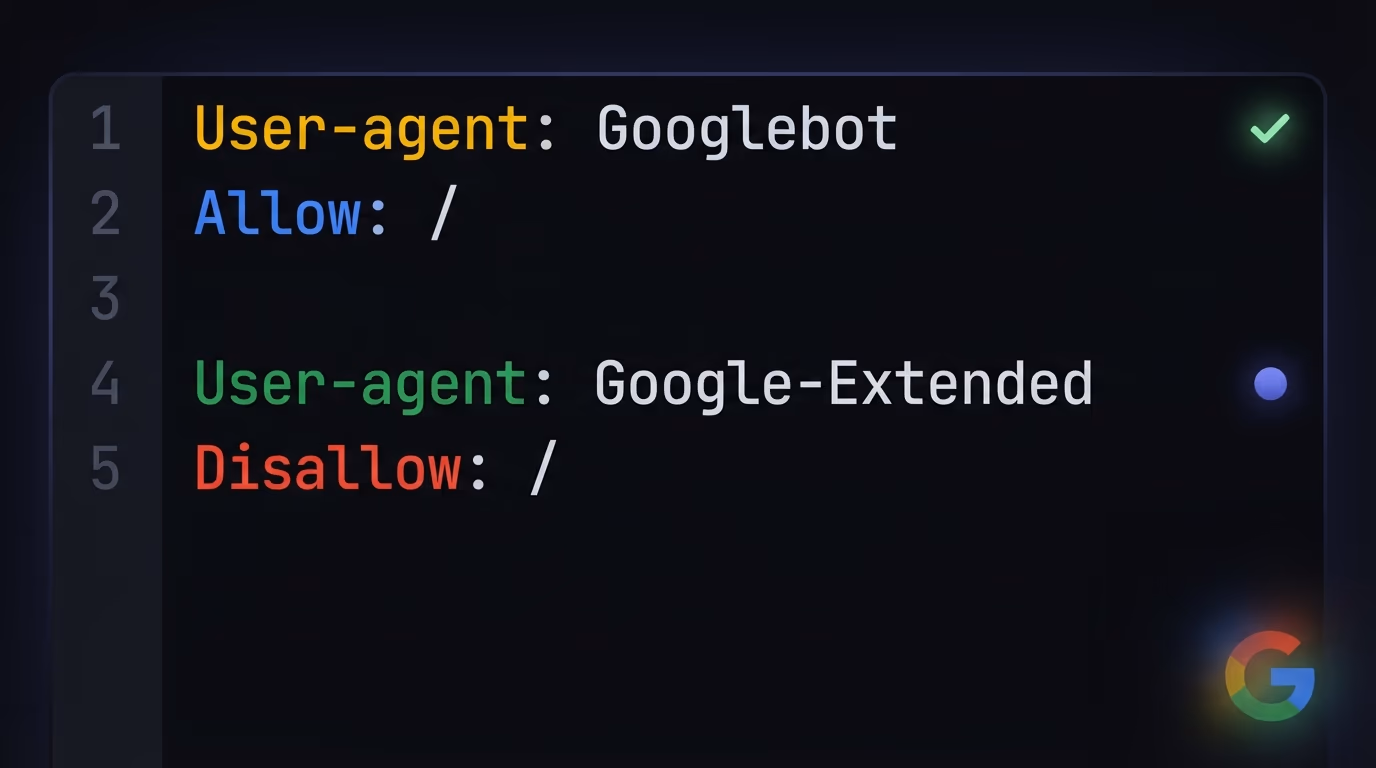 A robots.txt file showing Googlebot allowed and Google-Extended as a separate token