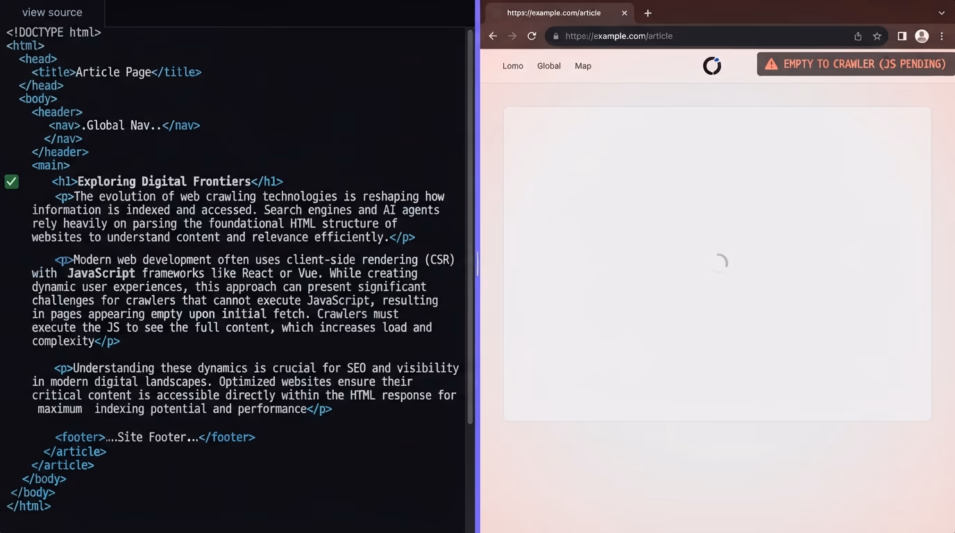Raw HTML a page returns versus a JavaScript-rendered page Perplexity cannot read