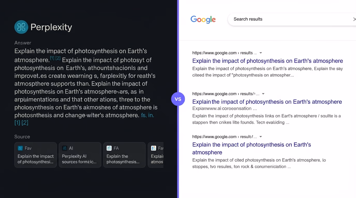 Perplexity answer panel next to a Google search results page