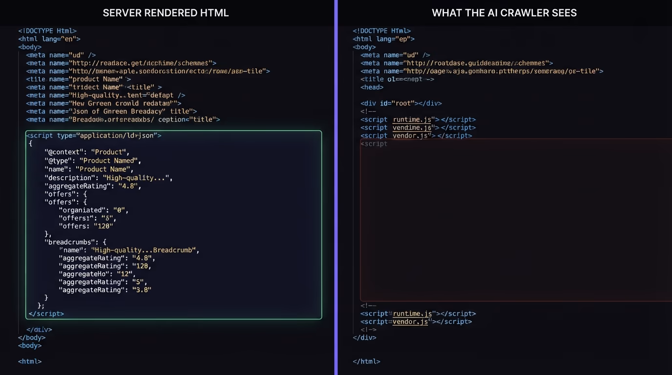 Raw HTML with server rendered JSON-LD versus a blank shell for AI crawlers