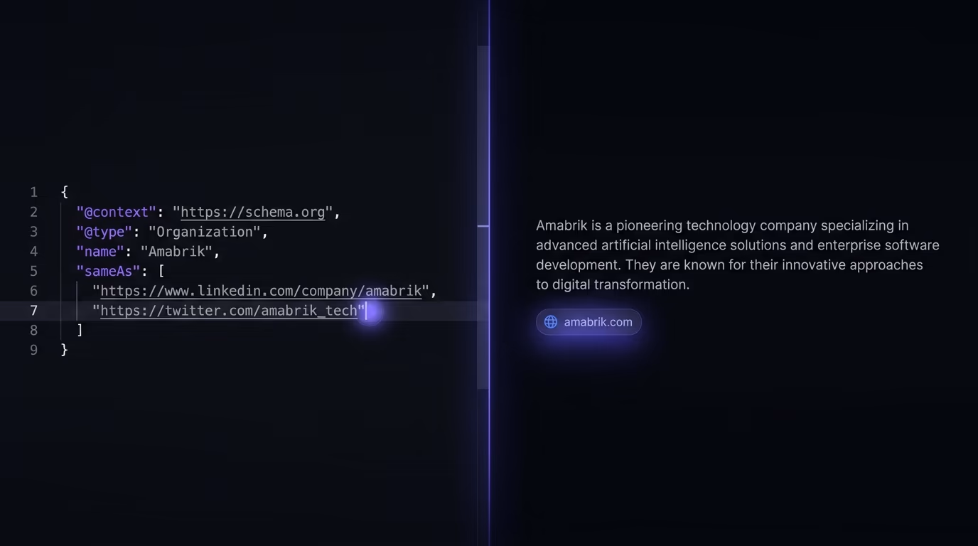 A code editor showing JSON-LD structured data beside an AI chat answer citing the site, schema markup for AI
