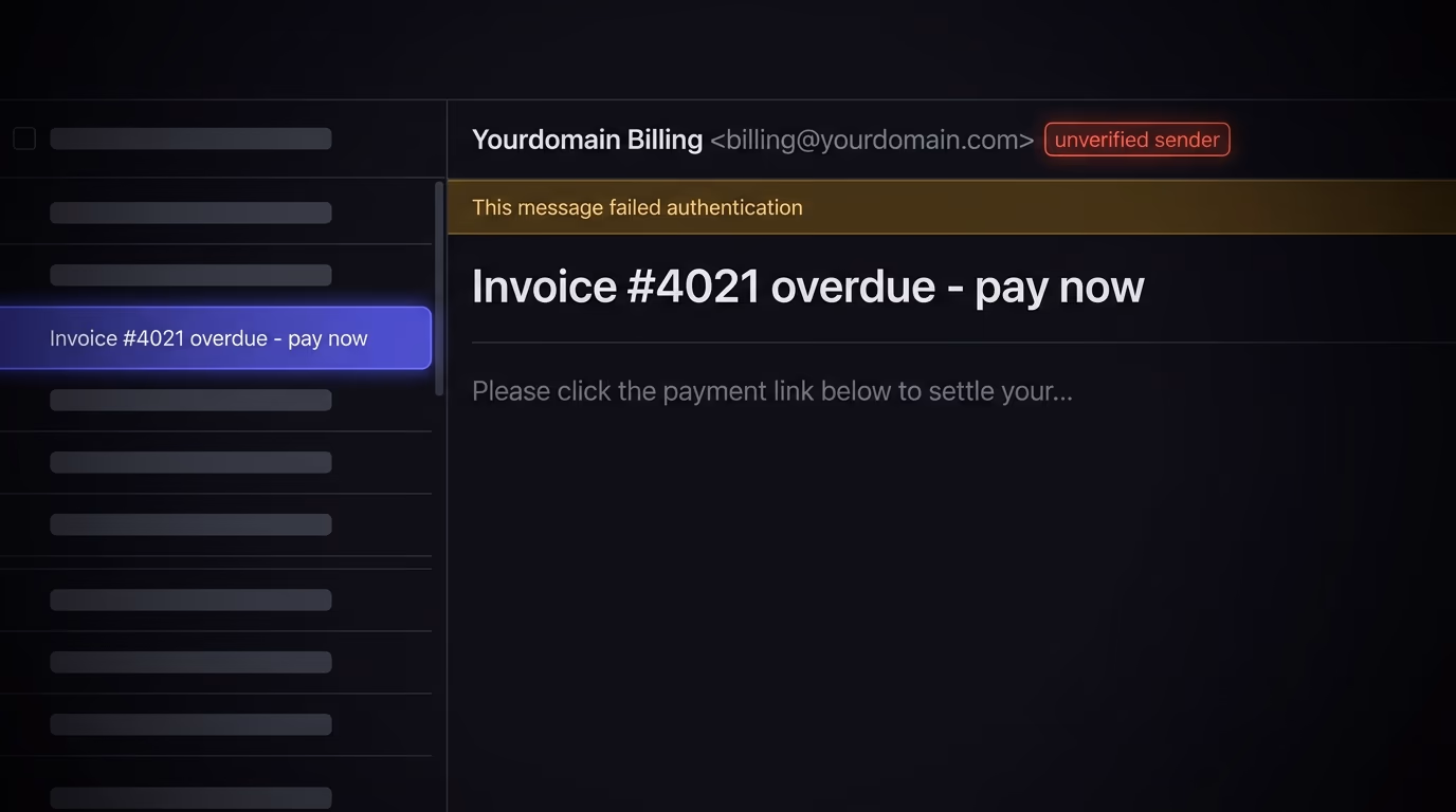 A phishing email in an inbox with a forged From address impersonating a real domain