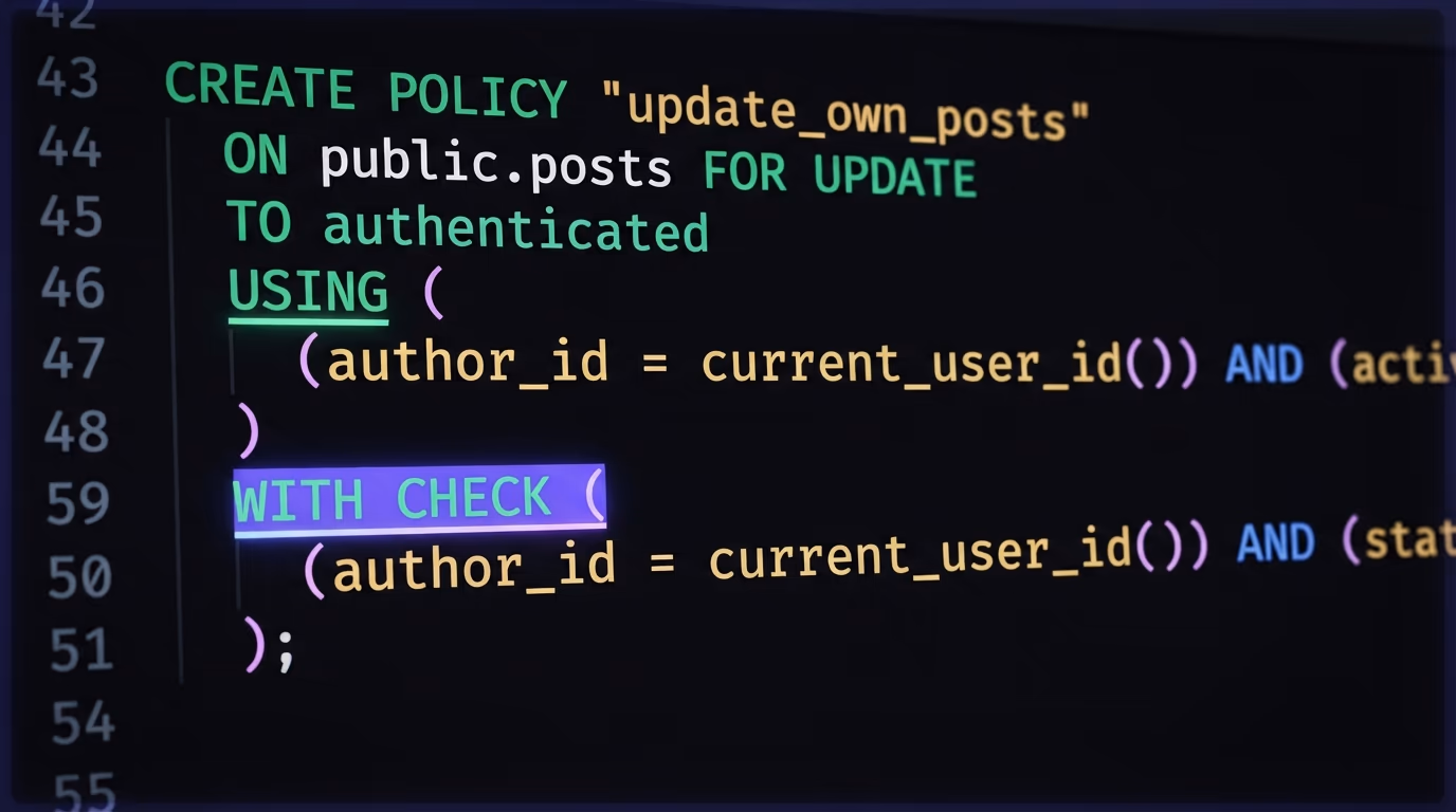How Supabase RLS policies work, an SQL create policy statement with the using and with check clauses highlighted