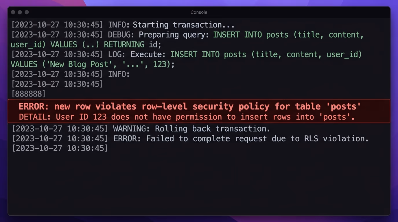 New row violates row-level security policy error in Supabase, the Postgres error message shown in a code editor console